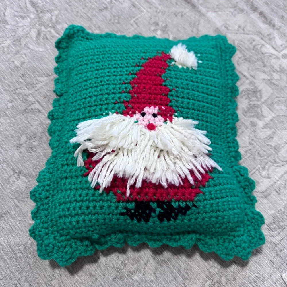 Vintage Green and Red Santa Crochet Pillow Christmas Holiday Decor